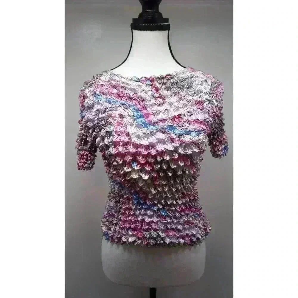 Vintage 90s Short Sleeve Crinkle Fabric Stretchy Pastel Psychedelic Crop Top